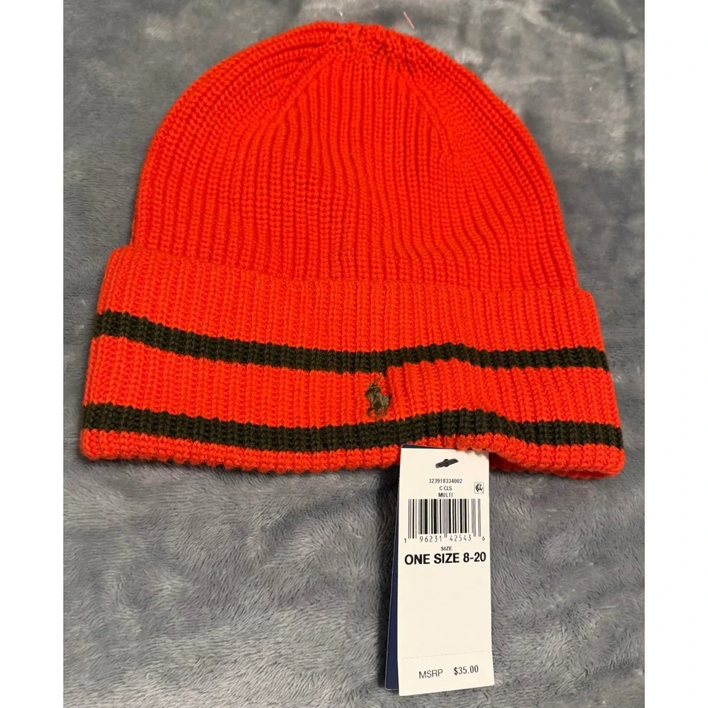 Polo Ralph Lauren Kids Orange Green Striped Ribbed Knit Beanie Hat OS 8-20 NEW